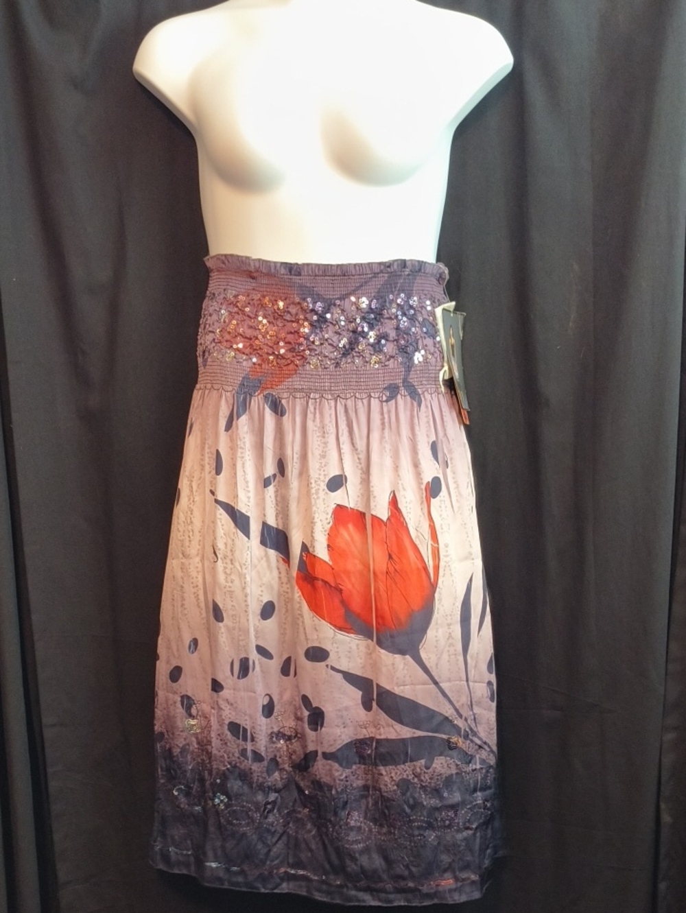 Lapis Smokey Grey Midi Skirt with Orange Floral Print #0108